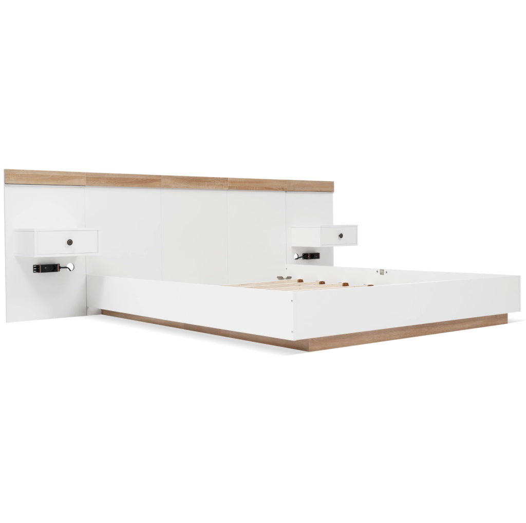 Letto matrimoniale 140x200 cm con 2 comodini LED e porte USB C; legno bianco e rovere Sonoma