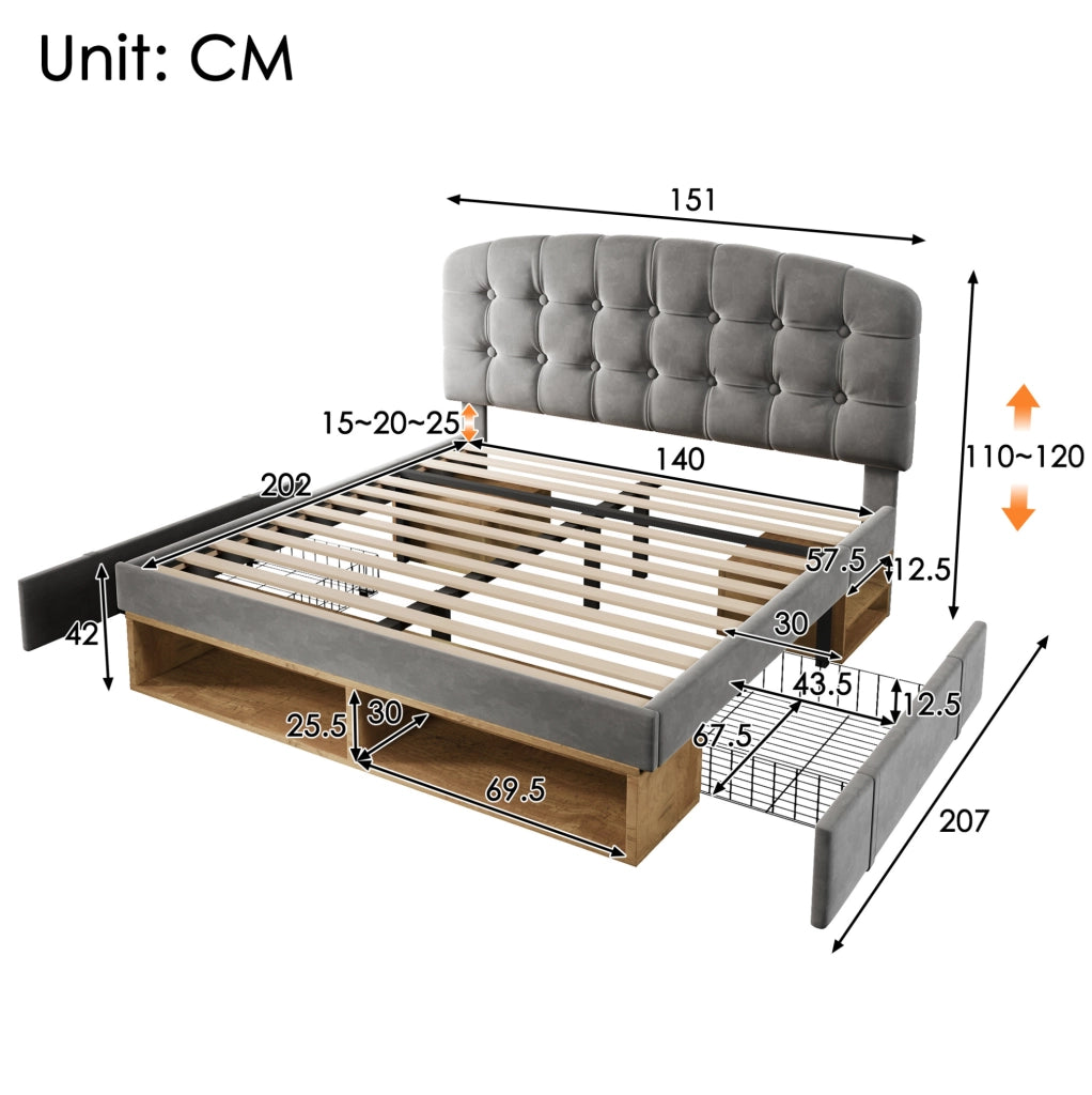 Letto imbottito 140x200 cm grigio con cassetti e rete a doghe