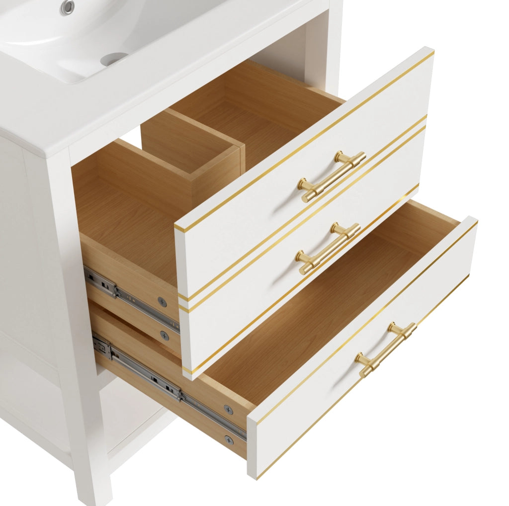 Mobile bagno con lavabo in ceramica 76 cm; bianco e oro; in MDF con 2 cassetti e vano aperto