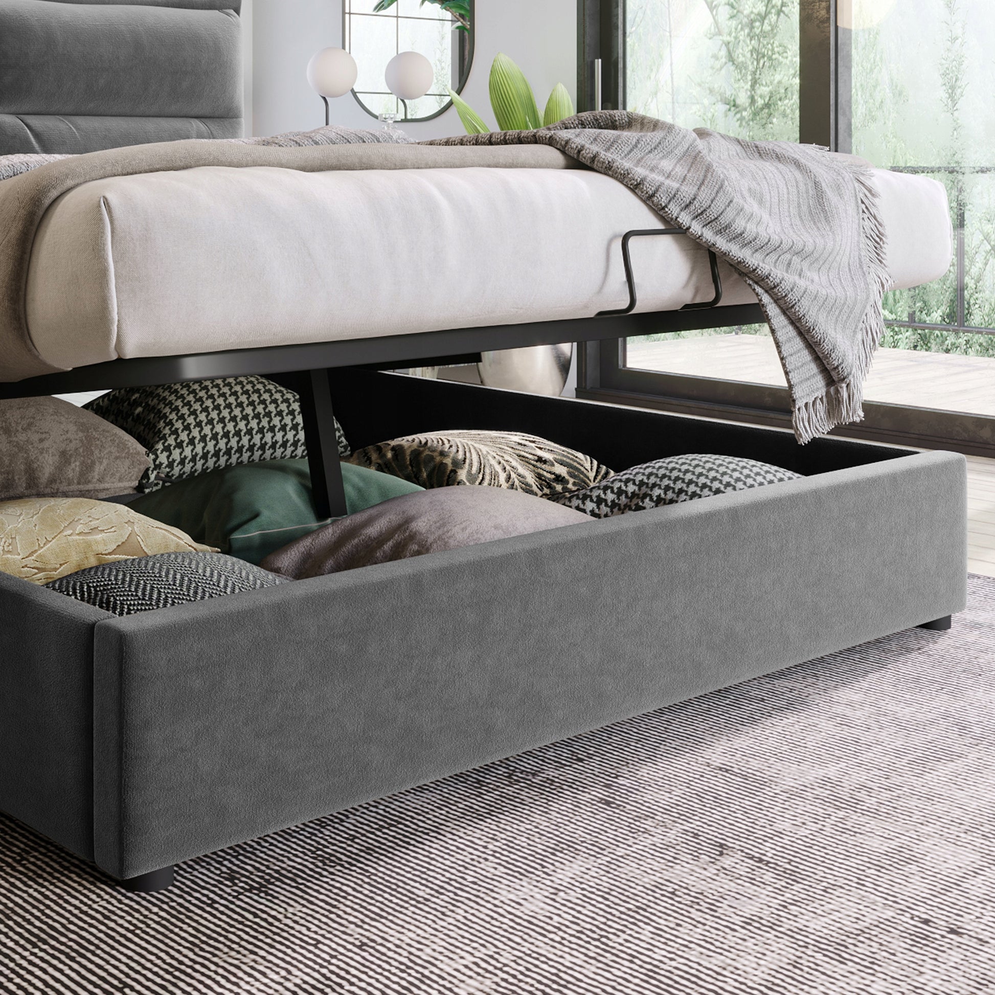 Letto imbottito 140x200 - Xylo - Grigio, regolabile idraulicamente