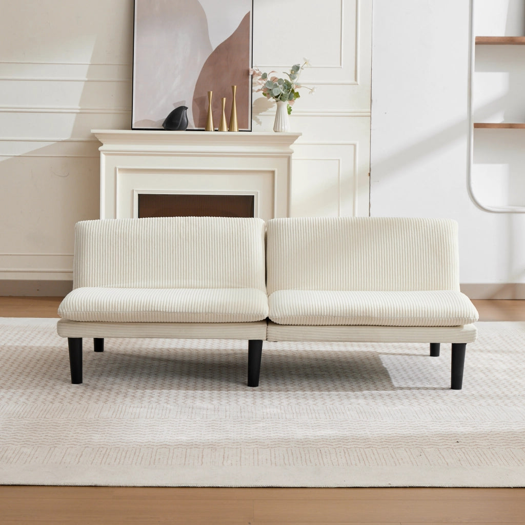 Divano letto a 2 posti con schienale reclinabile a 3 posizioni, rivestimento effetto velluto e struttura in legno, beige