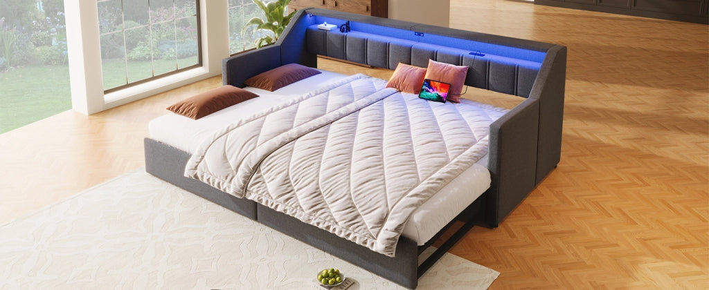 DESMIU Lit divano 90 × 200 cm con USB, Type-C, LED, 2 cassetti e tasche, senza materasso, grigio