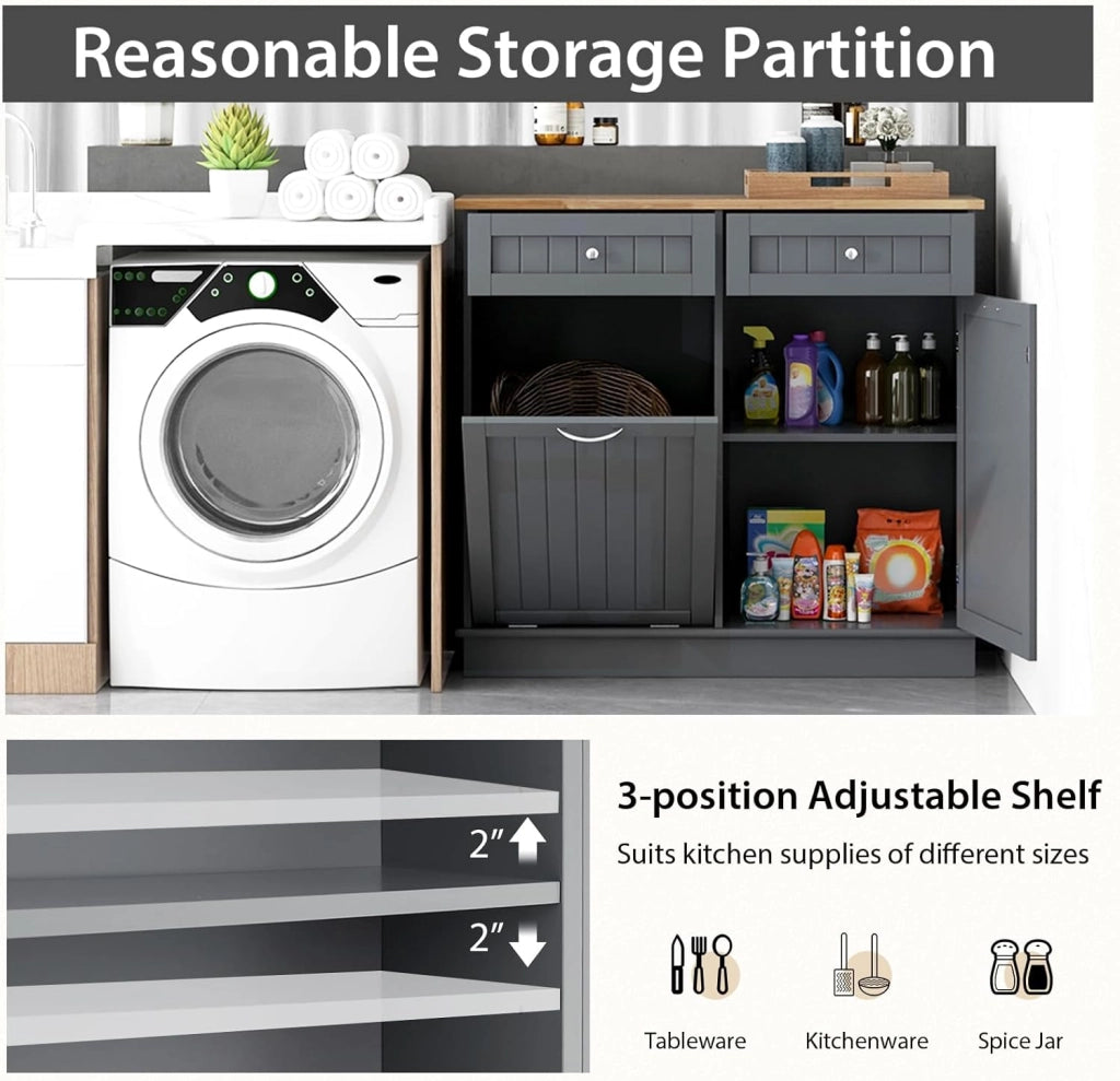 Credenza Cucina con Supporto per Bidoni della Spazzatura 42 L, Mobile Dimpensa Portaoggetti con 2 Cassetti e Ripiano Regolabile, per Sala da Pranzo, Soggiorno, 100 x 35 x 90,5 cm (Grigio)