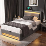 Letto imbottito con LED, ricarica USB e vano contenitore 90 x 190 cm grigio