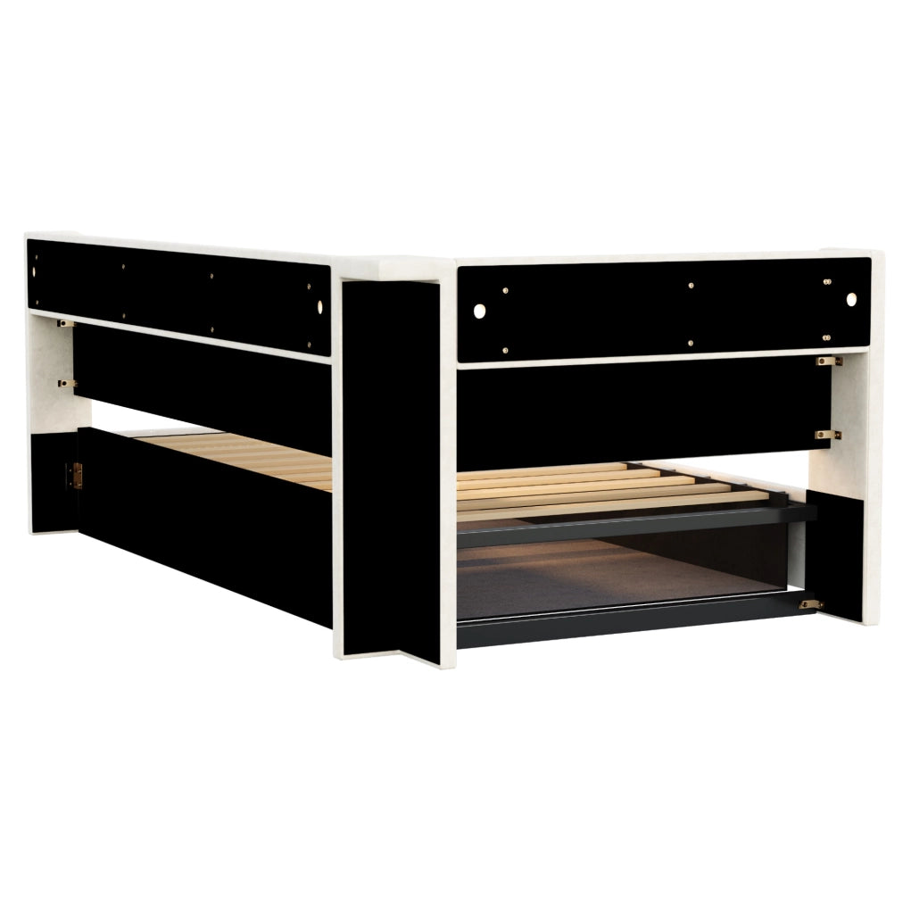 Letto imbottito multifunzione 90x200 cm con contenitore, LED e prese