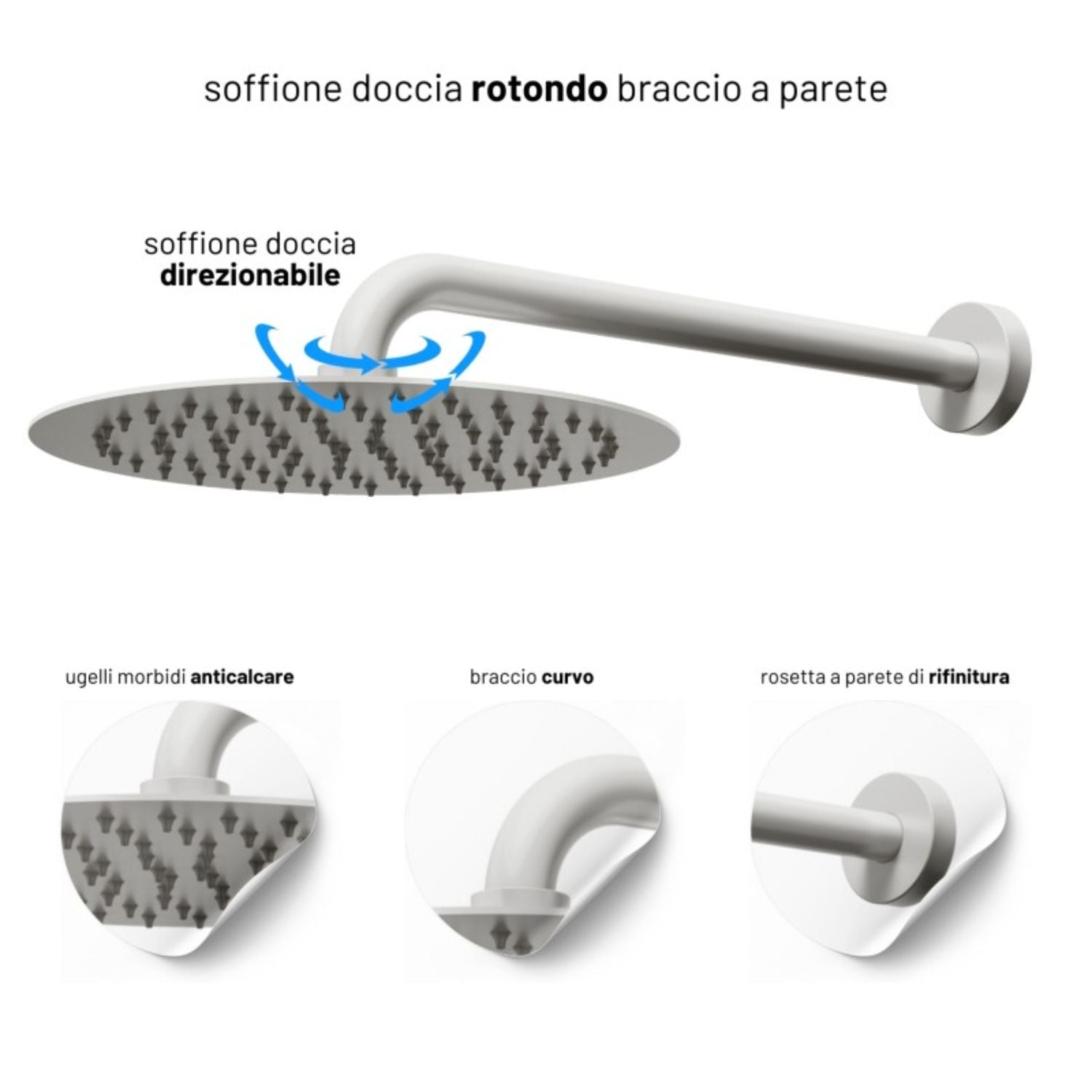 Set per doccia soffione tondo in acciaio inox 250 millimetri color bianco opaco *** finitura- bianco opaco tondo, con...