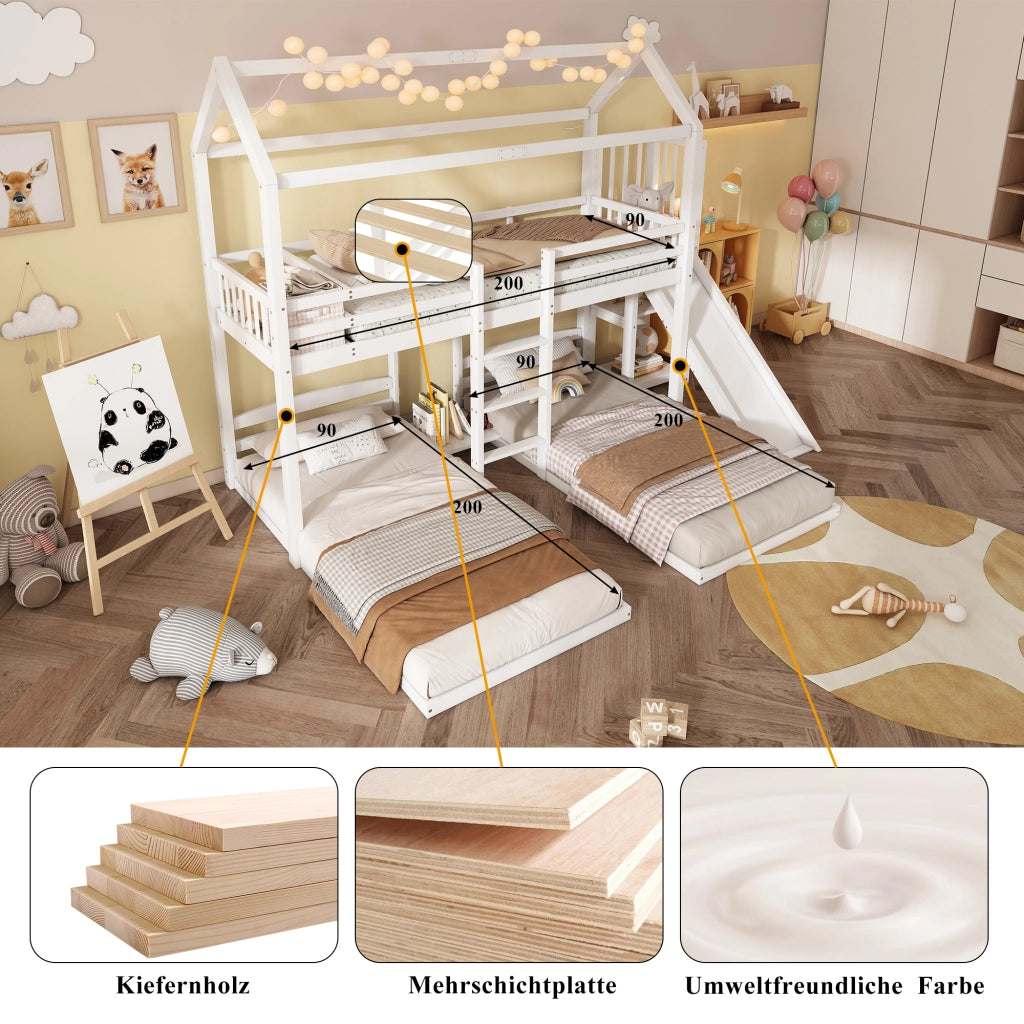 Etagenbett con scivolo in pino e MDF 90x200 cm