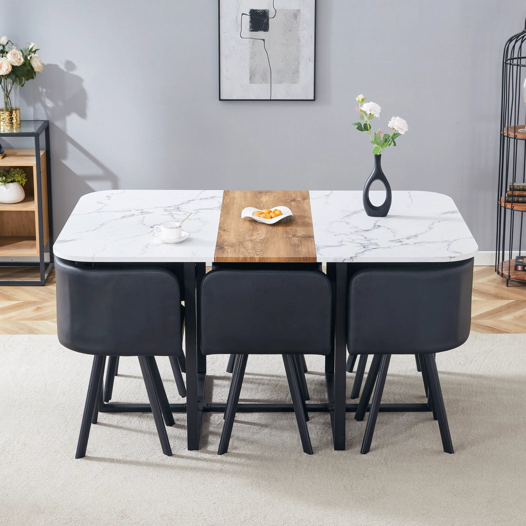 Set tavolo da pranzo allungabile con 4 sedie, struttura in MDF e metallo, bianco, nero e legno naturale per cucina e sala da pranzo