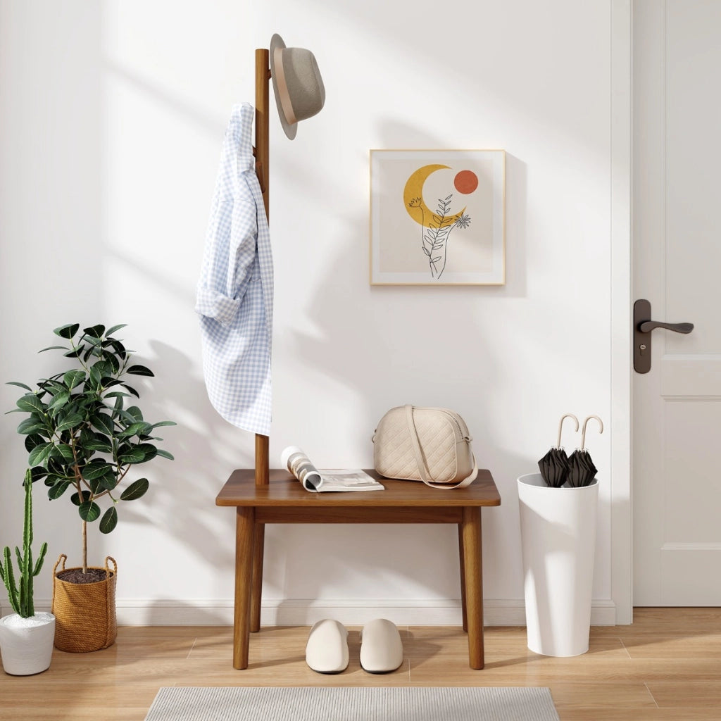 Tavolino con appendiabiti in legno massiccio, Appendiabiti con panca per scarpe 3 ganci per cappelli 168cm Marrone-Appendiabiti