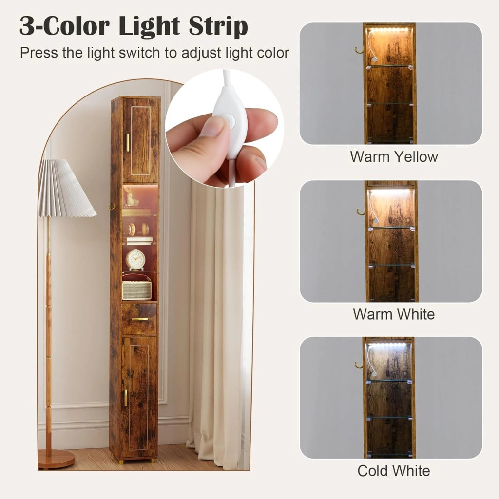 Armadietto da bagno con illuminazione, 20 x 20 x 181 cm, armadio da bagno sottile con cassetto, 2 ante e 4 ripiani aperti, armadio alto per bagno e soggiorno (2,4 ripiani + illuminazione)