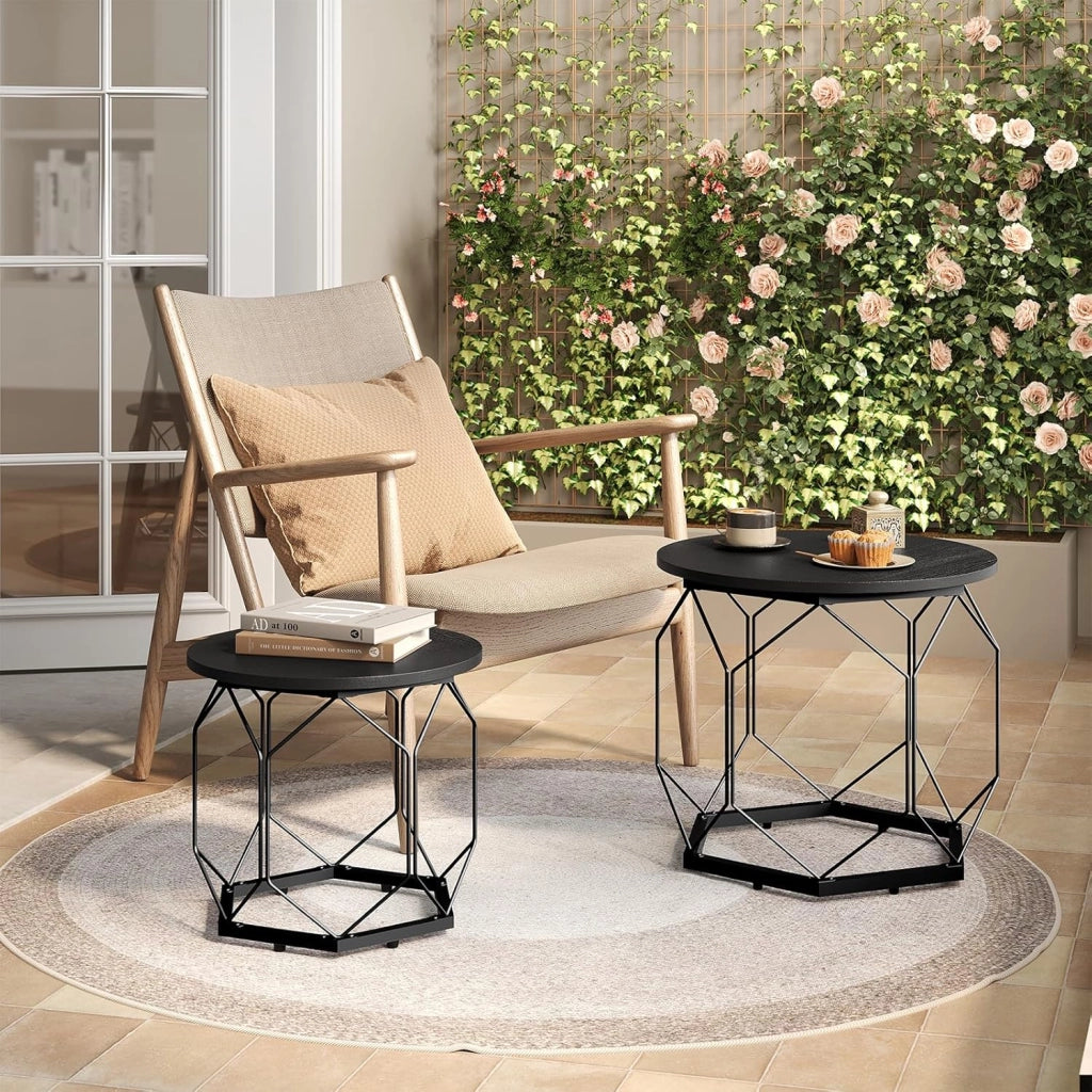 Set di 2 Tavolini da Salotto Rotondi, Tavolini Contenitori in Legno e Metallo, Tavoli Caffè con Piano Rimovibile, per Soggiorno, Camera da Letto, Legno Nero, BTS05szdc