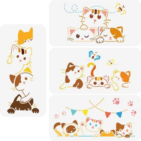 Set di stencil per pittura - 4 pezzi - gatti cartoon con impronta di zampa di gatto e farfalla - 30x15cm - tema animale per pittura su 

o 
4 pezzi stencil gatto cartoon con impronta di zampa di gatto e farfalla - 30x15cm - tema animale per pittura su