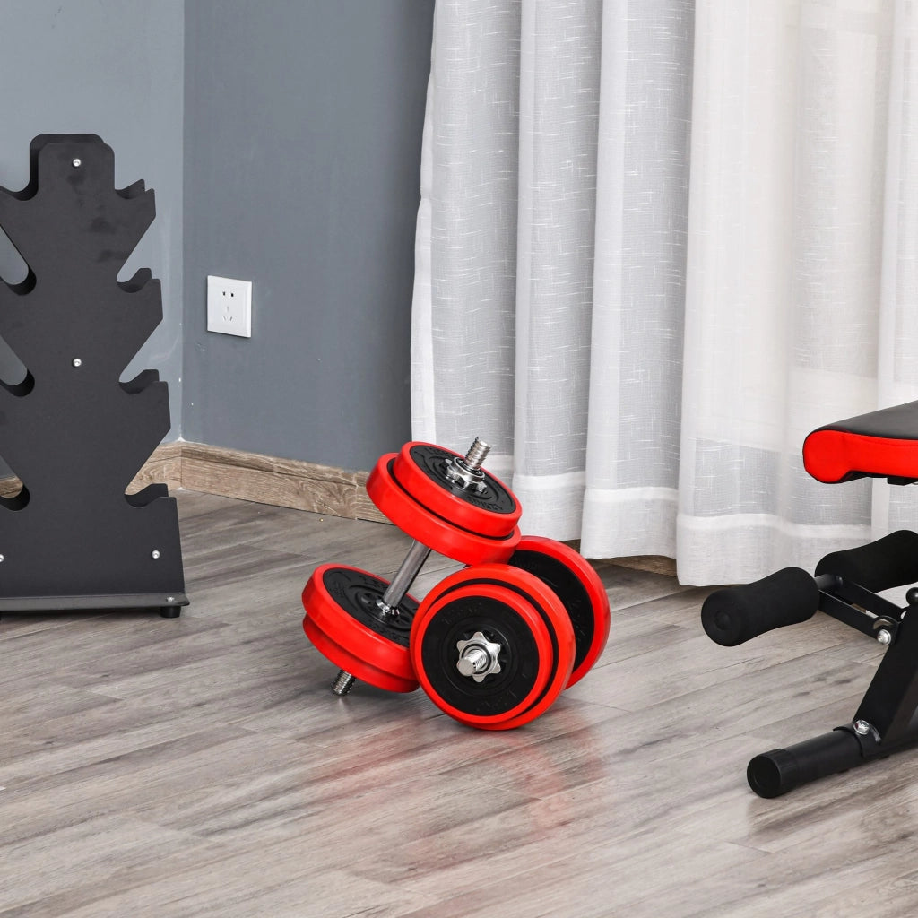 EasyComfort Set 2 in 1 Bilanciere e Manubri Pesi da 20kg, Dischi con Rivestimento in Plastica Antigraffio, Rosso e Nero