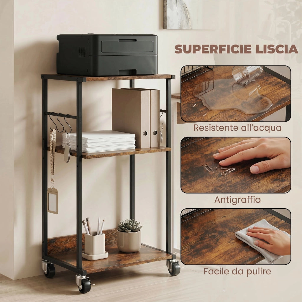 Stampante Tavolino Industriale 3 Livelli, Ruote e Ganci, Marrone Rustico.