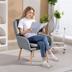 Poltrona Moderna da Camera con Schienale Alto a Doppia Imbottitura in Tessuto Effetto Pelle Grigio