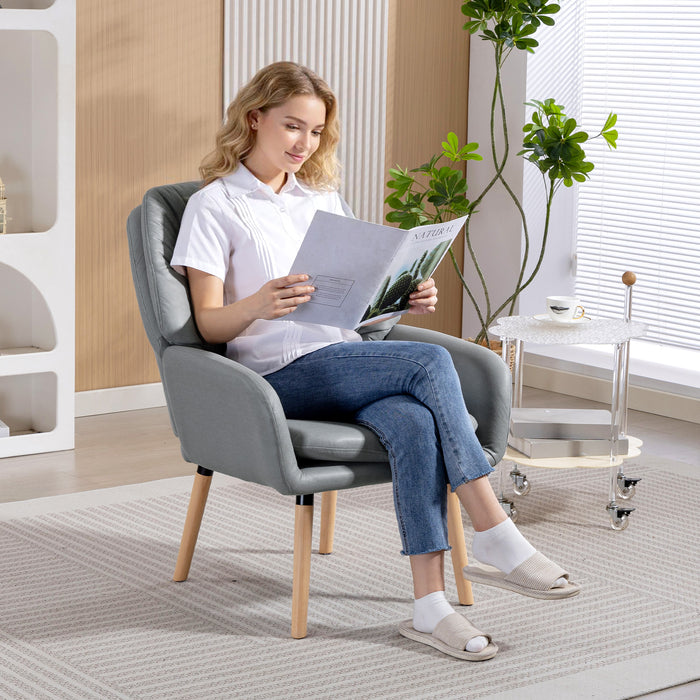 Poltrona Moderna da Camera con Schienale Alto a Doppia Imbottitura in Tessuto Effetto Pelle Grigio