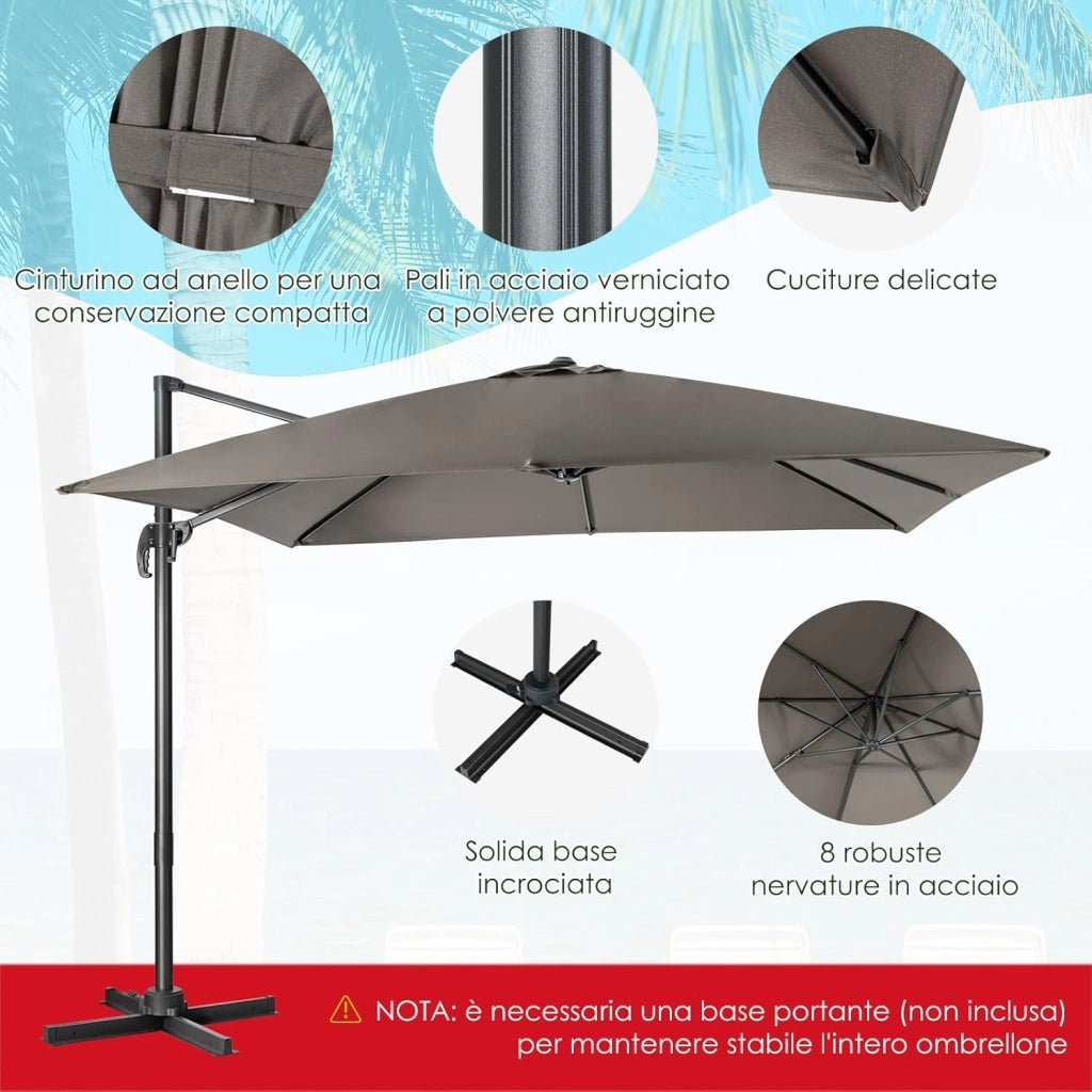 Ombrellone da Giardino 300 x 300cm | 3 Inclinazioni, Rotazione 360°, Manovella, 8 Stecche, Base Incrociata per Esterno (Grigio, 300 x 300 x 273 cm)