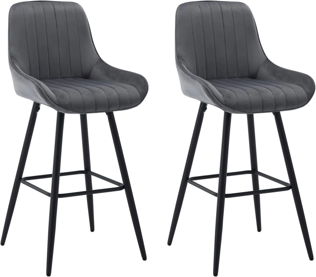 2 Sgabelli Alti da Bar con Schienale, Sedie Moderne con Poggiapiedi Quadrato, Sedie in Velluto Ergonomiche per Bistrot, Altezza Sedile 71cm, Gmabe in Metallo, Nero, BH394sz-2