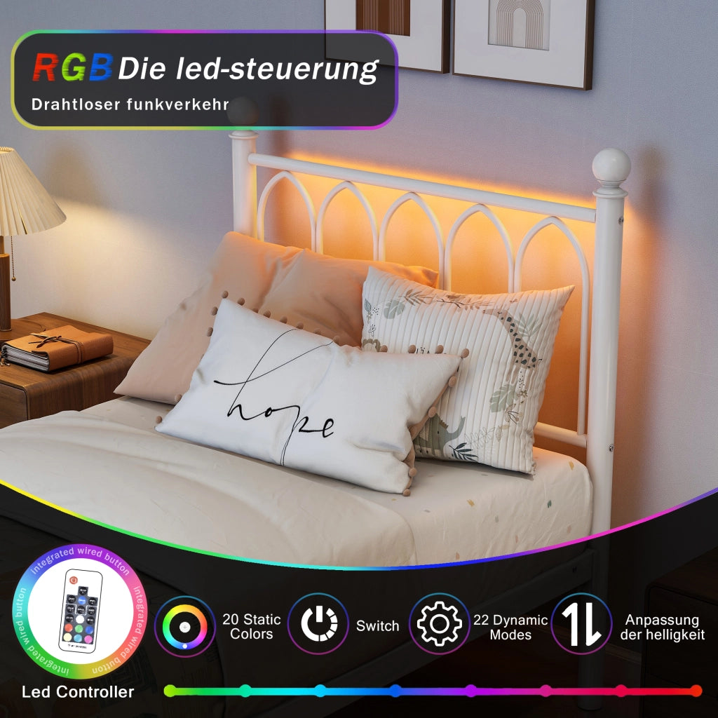 Letto singolo 90 × 200 cm con LED, 2 USB e presa, testiera alta, contenitore sotto letto, senza materasso, bianco