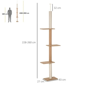Albero Tiragraffi per Gatti da Soffitto Regolabile in Altezza, 4 Piattaforme, Colore Khaki
