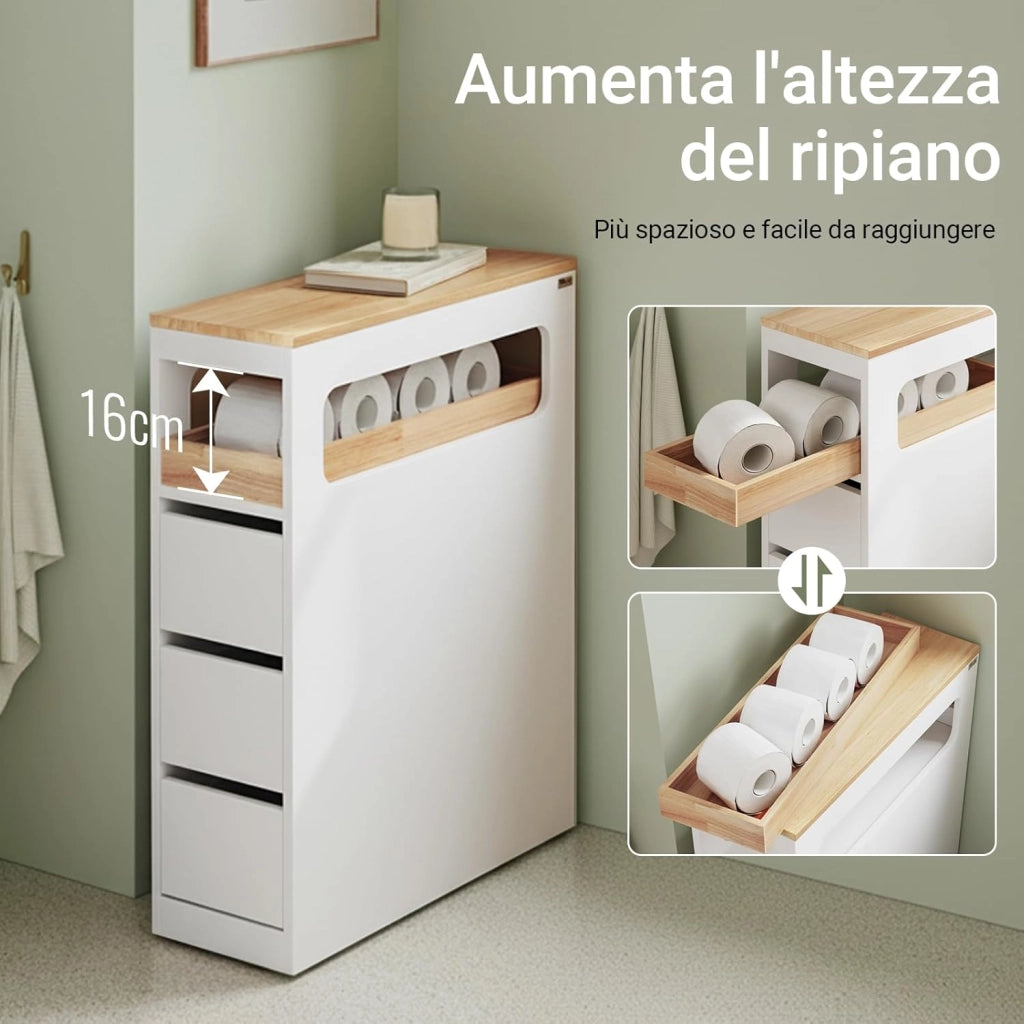 Mobile Bagno, Mobile Salvaspazio con 3 Cassetti, Ripiano in Legno e Rotelle – Mobiletti Stretti, Cassettiera Bagno da Terra, Struttura Resistente e Design Moderno BZR54-II-W