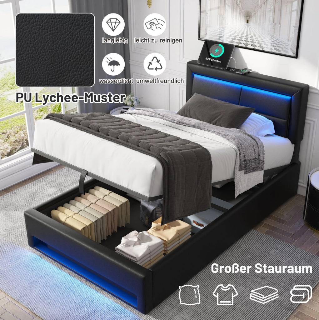 Letto imbottito 90 x 200 cm con USB, LED e vano contenitore nero