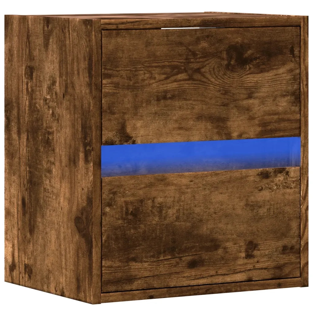 Comodino a Parete con Luci LED-Tavolino da notte sospeso Rovere Fumo 720806