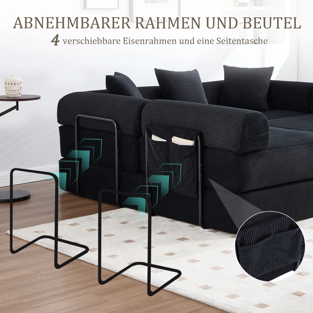 SOFA Modulare 270x180x64 cm in velluto a coste Nero con tasca laterale