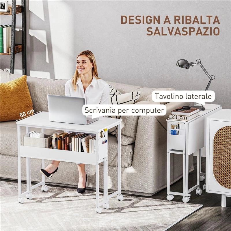 SCRIVANIA PIEGHEVOLE SALVASPAZIO A RIBALTA CON SCAFFALE, TASCA PORTAOGGETTI E RUOTE, BIANCO
