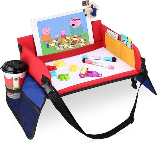 Tavolo da sedere per bambini - Cassetta da gioco con lavagna cancellabile e 6 matite colorate - Tavolo da gioco e da pranzo - Tavolo auto per passeggini, auto, aerei e tavolo da viaggio per bambini