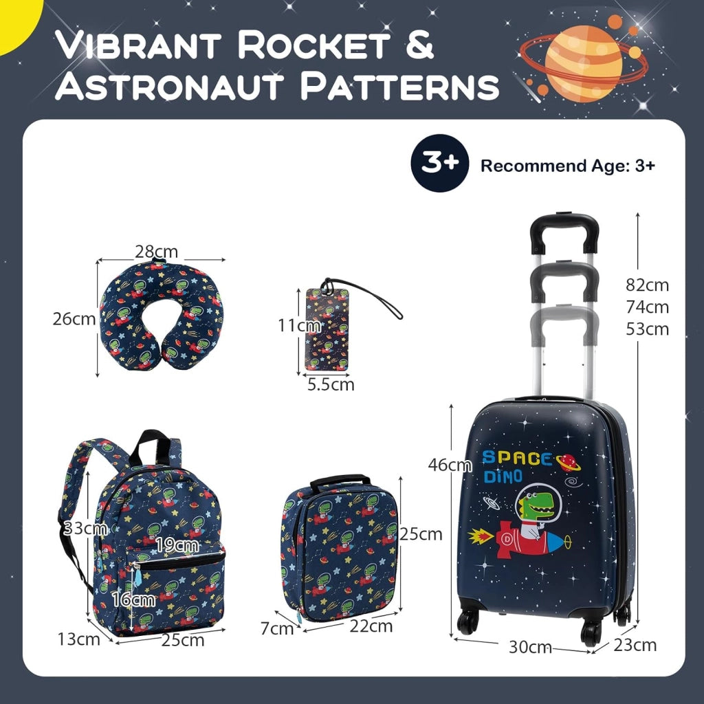 Set di 5 Pezzi Valigia 16’’ + Zaino 13’’ per Bambini, Bagagli 5-in-1 con Cuscino per Collo, Borsetta da Pranzo e Etichetta, Trolley con Maniglia Telescopica e Ruote Universali (Nero Dino-Space)