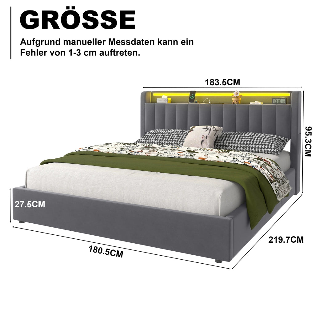 Letto Imbottito 140x200 cm Grigio Scuro in Velluto con Contenitore, USB e Luce d’Atmosfera