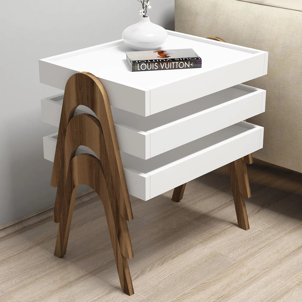 Strembo, Tavolino da Salotto set 3 Pezzi Impilabili, 54x40x64h cm Bianco Noce
