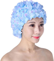 Cappello per nuoto blu, impermeabile, manuale con disegno fiorale, modello per adulti, cappello per nuoto con foglie di fiore per cura capillare, cappello per nuoto per donne.