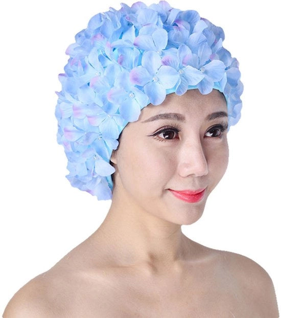 Cappello per nuoto blu, impermeabile, manuale con disegno fiorale, modello per adulti, cappello per nuoto con foglie di fiore per cura capillare, cappello per nuoto per donne.