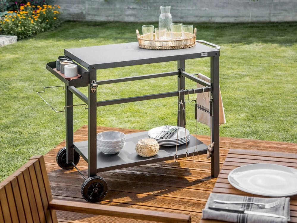 Carrello da giardino per servire all'aperto Carrello da cucina in acciaio nero con ruote