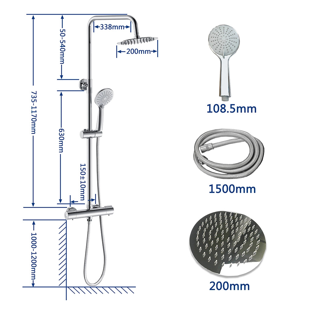 AICA ITALY Sistema Doccia con Miscelatore Termostatico a 38℃ e Doccetta Rotonda Altezza Regolabile 72-120cm Cromo