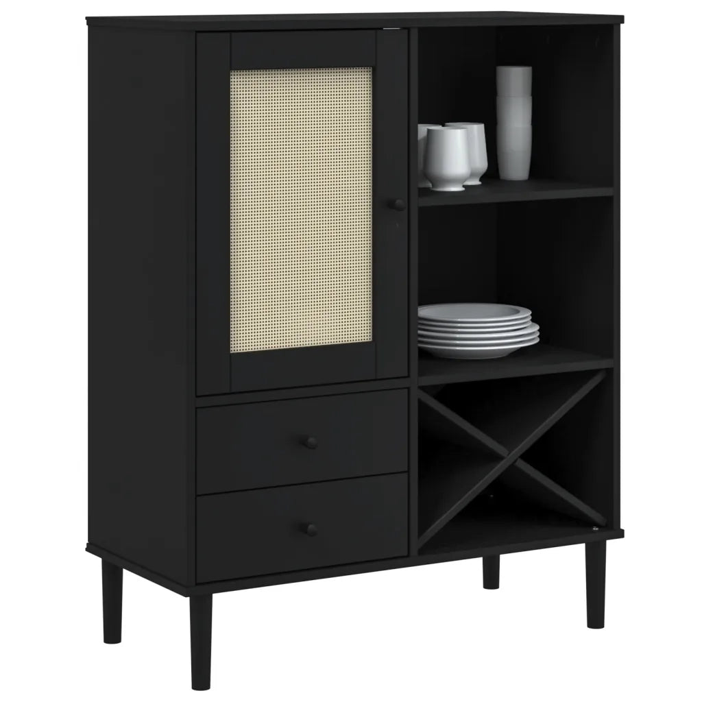 Credenza | Madia | Buffet da pranzo | Armadio da pranzo SENJA Aspetto Rattan Nero 90x40x112 cm Massello Pino