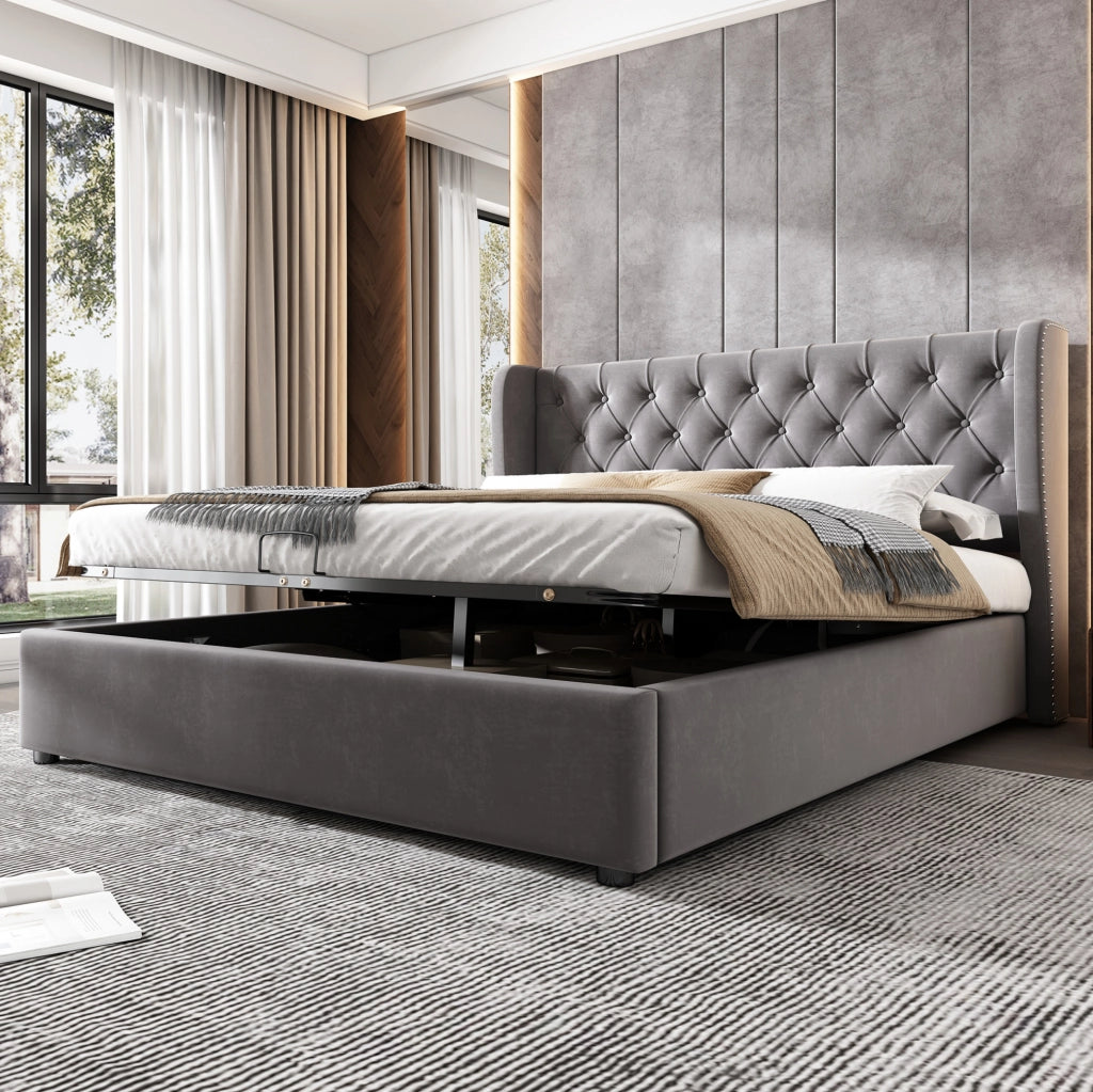 Letto imbottito in velluto grigio con contenitore 197x146x99 cm