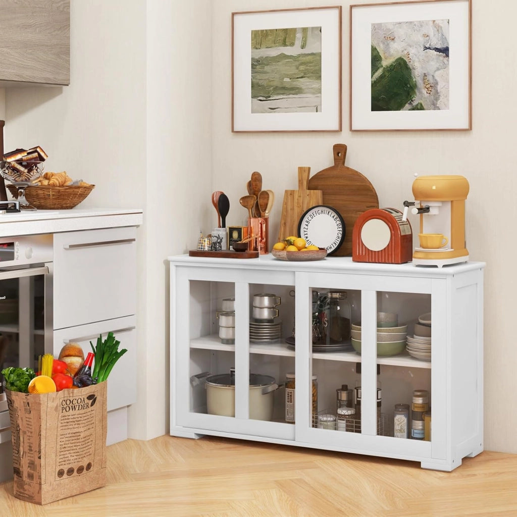 Mobile Buffet Dispensa Cucina con Ante Scorrevoli in Vetro Temperato e Ripiano Regolabile, Credenza Cucina, Armadietto a Buffet per Sala da Pranzo, Soggiorno, 107x33x64 cm (Bianco Puro)