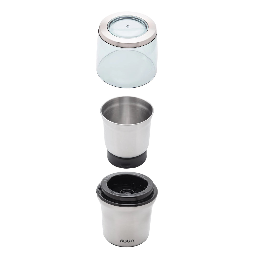SOGO Macinacaffà¨ e Tritatutto 300W Acciaio Inox, 2 Tazze Rimovibili, Macinazione a Secco e Umido, Sicurezza Integrata, Facile da Usare e Pulire