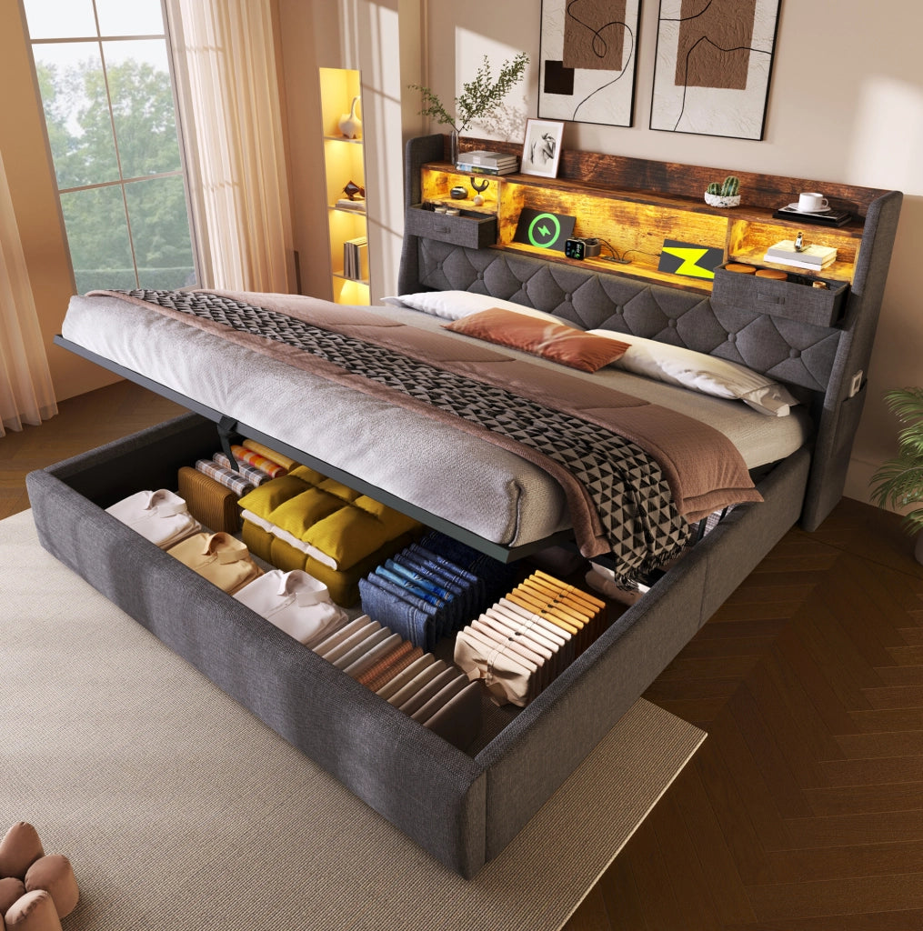 Letto imbottito 140x200 cm con contenitore idraulico, LED e materasso