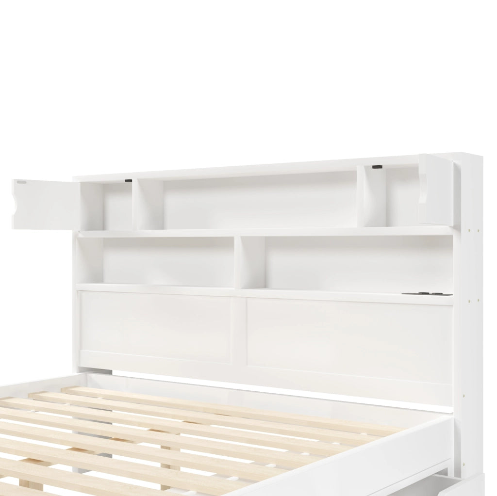 Letto piattaforma 160x200 cm con testiera libreria; LED e 4 cassetti; bianco