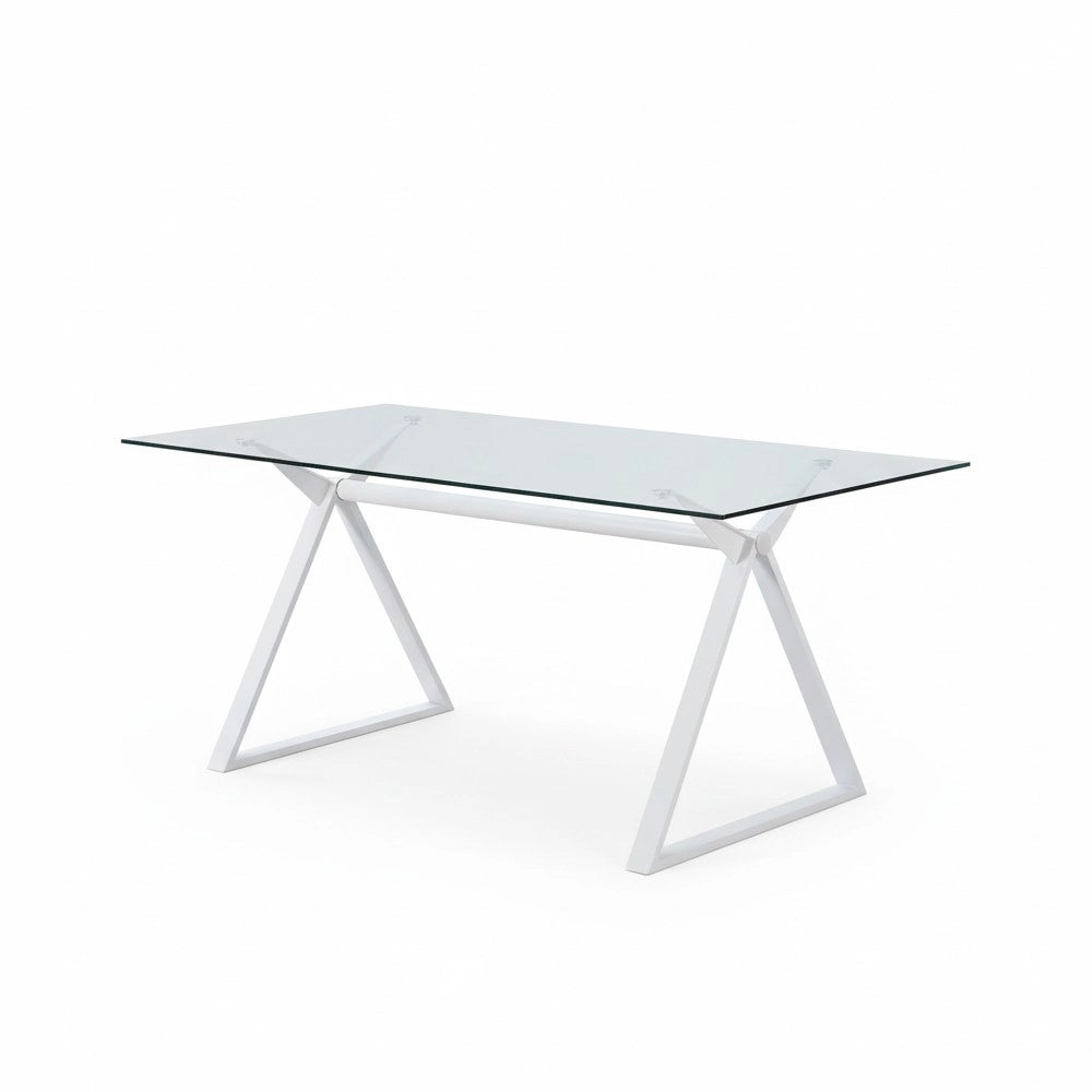Tavolo da Pranzo Skylar 150×90 cm in Vetro Temperato con Gambe a Cavalletto bianco