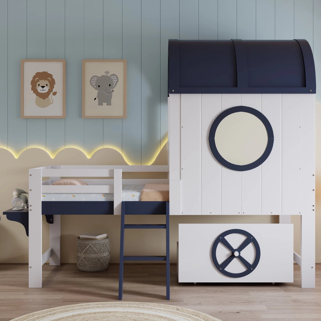 Letto a soppalco 90x200 cm con tetto; finestra; cassetto e scala in legno e MDF bianco e blu