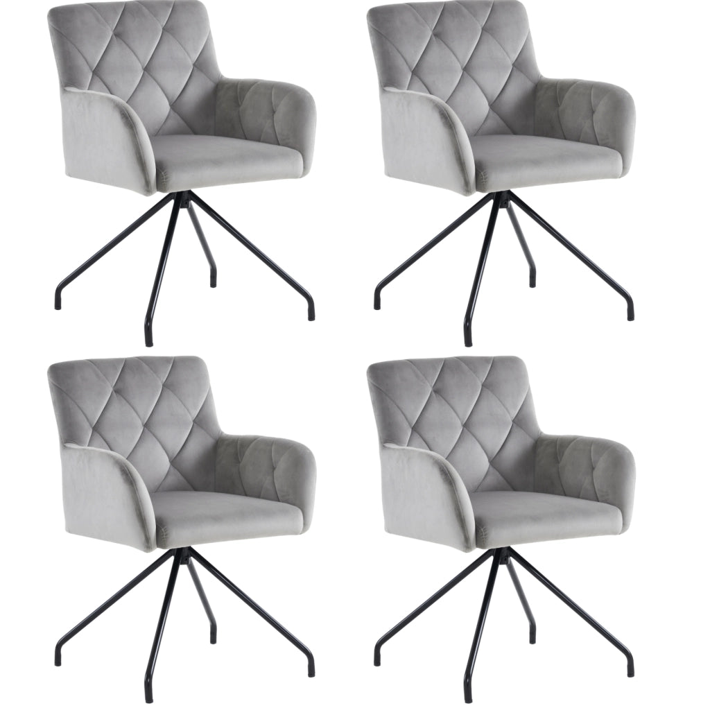 Set di 4 sedie da pranzo in velluto; ergonomiche; con braccioli; metallo; grigio chiaro