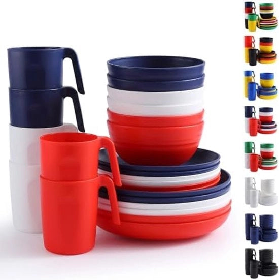 Set di servizio 24 pezzi, set di servizio per 6 persone, insieme di piatti e tazze riutilizzabili, set di piatti da tavola comprensivo di piatti da pranzo, piatti da dessert, piatti per cereali, tazze e bicchieri in colore rosso, blu e bianco.