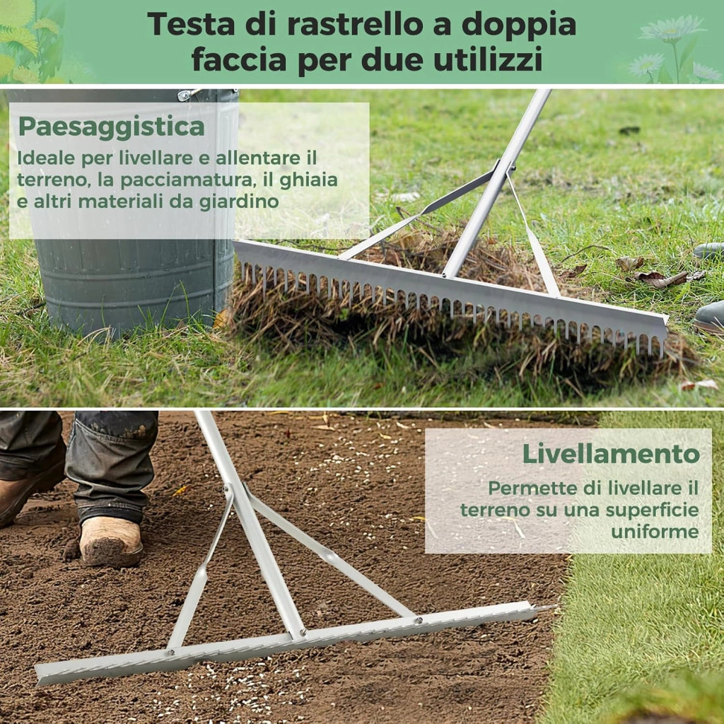 Rastrello da Giardino, Rastrello in Alluminio con Testa Larga 91 cm, 36 Denti, Manico Lungo 174 cm, per Allentare il Terreno, Cura del Prato, Cura del Lago Stagno Spiaggi