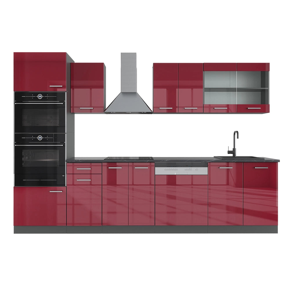 Vicco Cucina componibile Rosso lucido/antracite 300 cm con armadio alto, senza piano di lavoro
