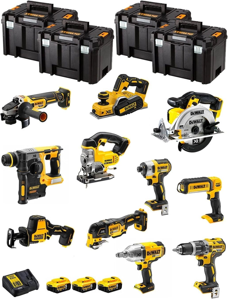 DeWALT Kit DWK1102T (DCD796 + DCH273 + DCG405 + DCF887 + DCF889H + DCS331 + DCS391 + DCS355 + DCP580 + DCS369 + DCL050 + 3 Batterie 5,0 Ah + Caricabatterie + 4 x TSTAK VI)